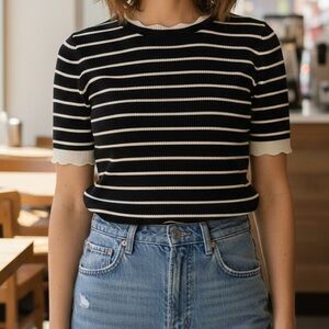 G Greige Black & Cream Striped Short Sleeve Ribbed Knit Sweater Top